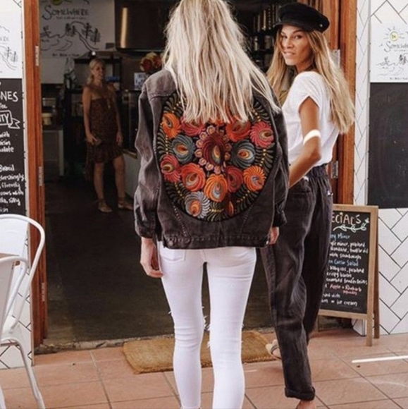 New Boho Embroidered Floral Denim Jean Jacket Oversized Coat Black - Picture 6 of 12